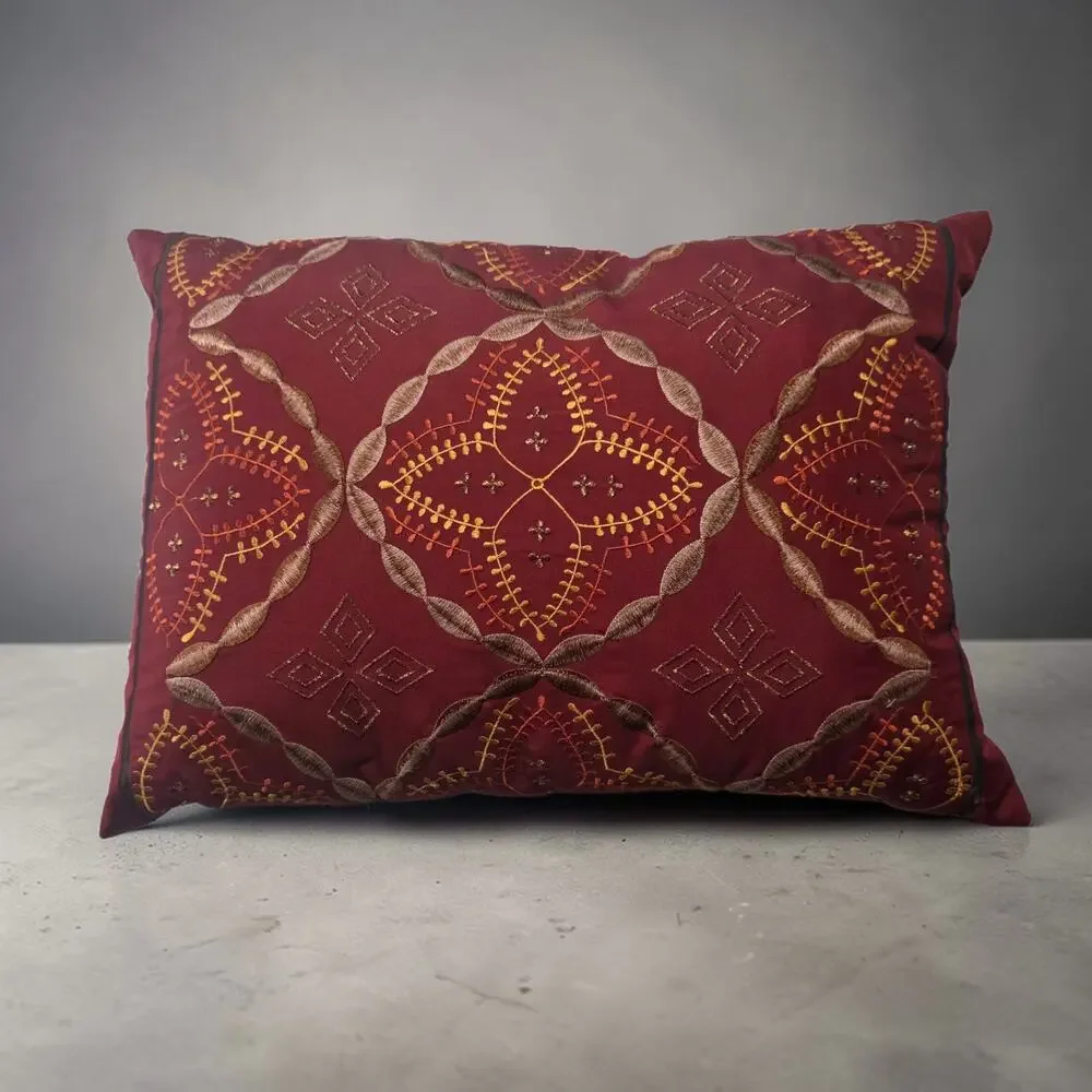 Pier 1 Imports Red Gold Embroidered Lumbar Throw Pillow 18x13 Boho Global